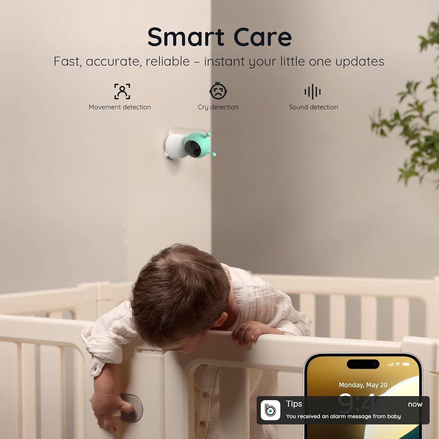 Boifun smart baby monitor featuring movement, cry, and sound detection with real-time alerts