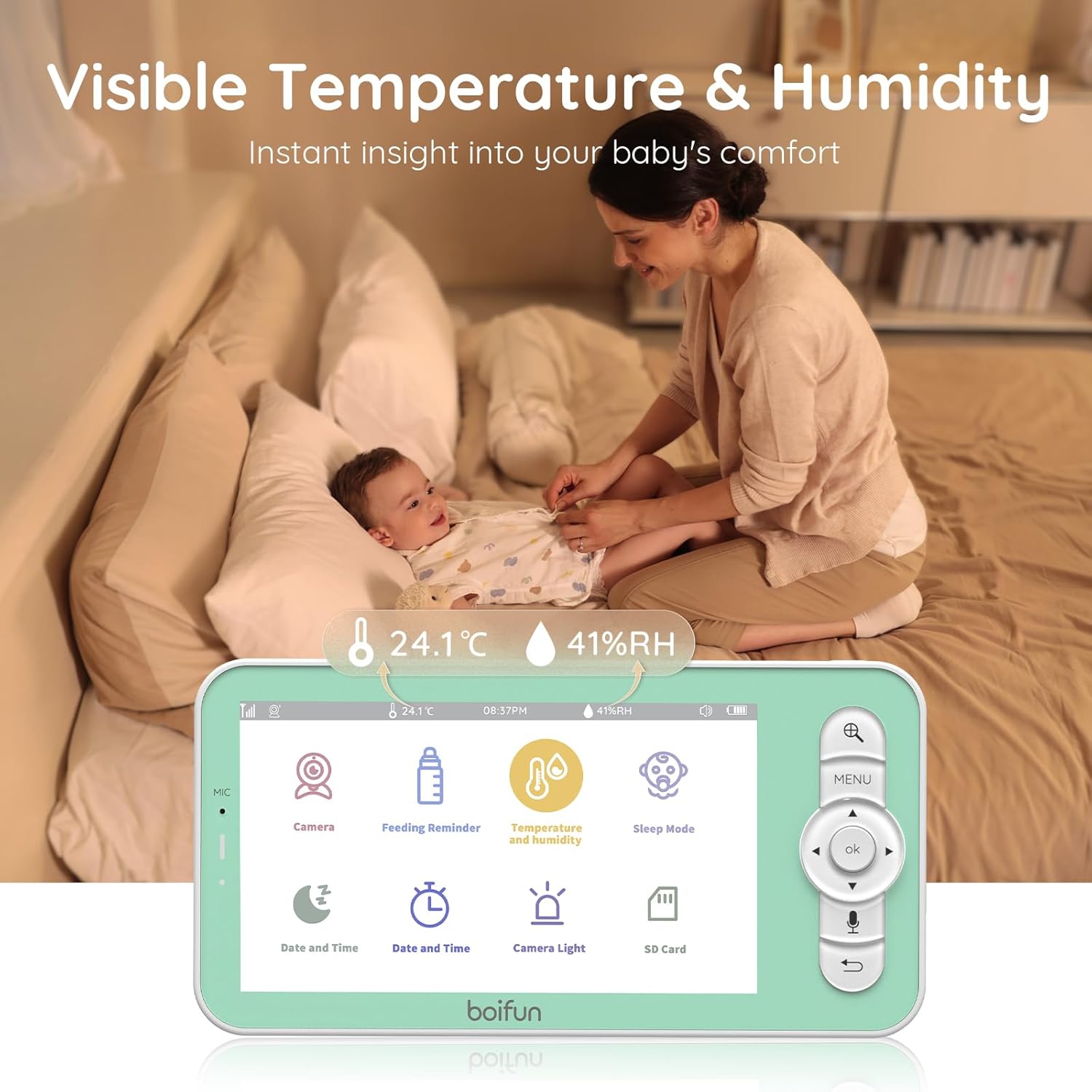 Baby monitor featuring visible temperature and humidity readings with adjustable alert ranges