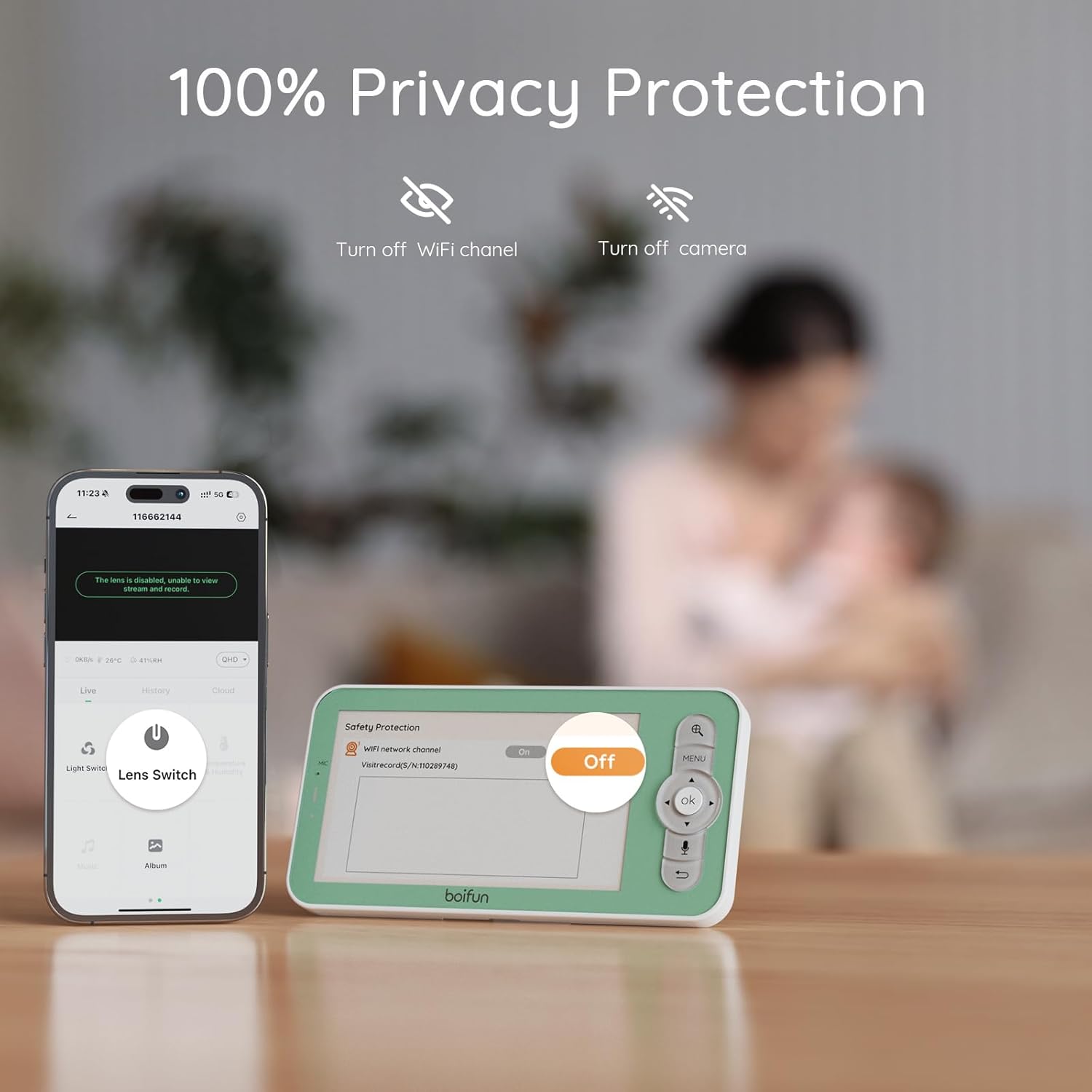 Baby monitor with privacy protection showing lens switch and WiFi channel off options